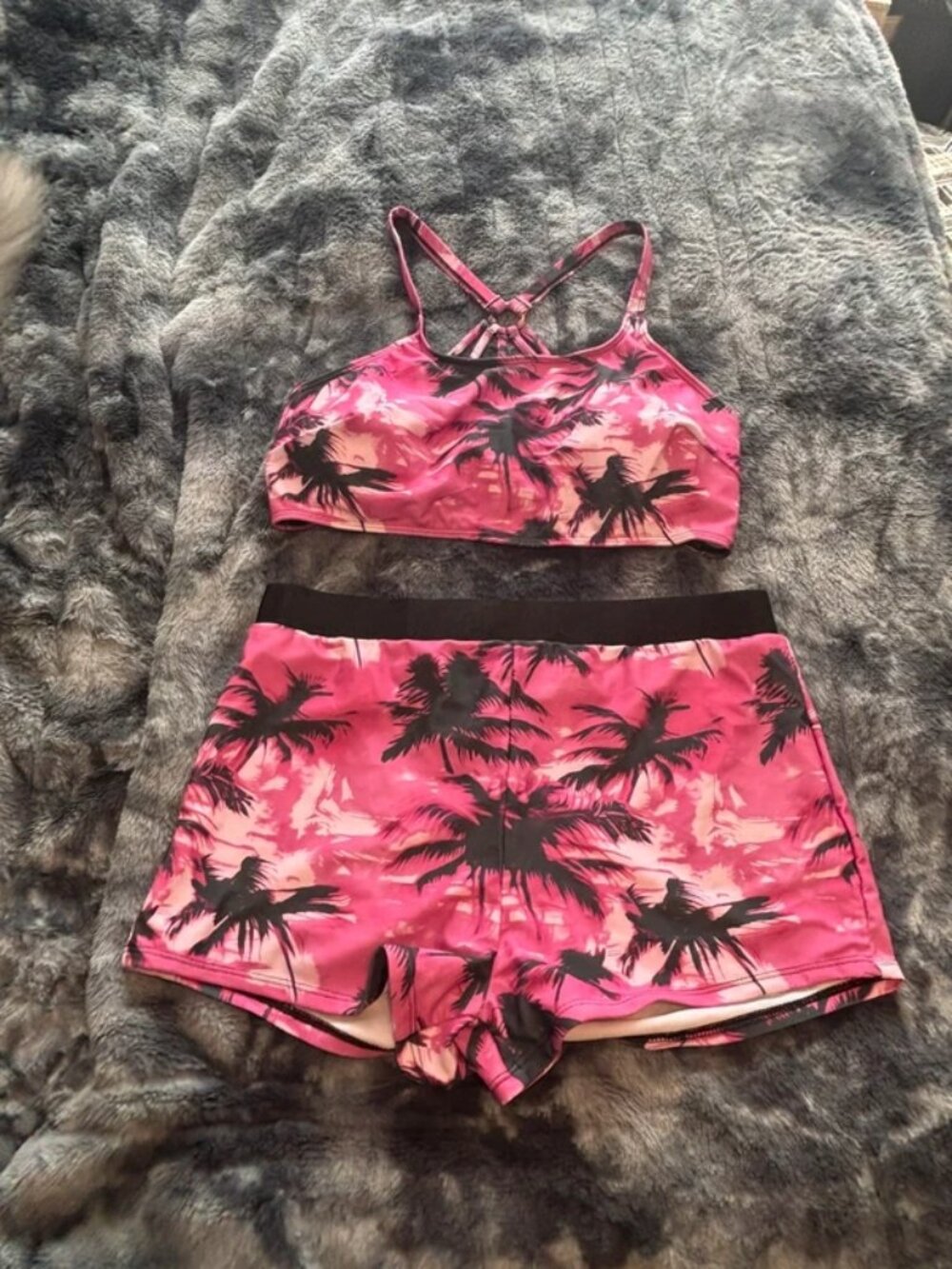 Pink and black palm tree bikini set